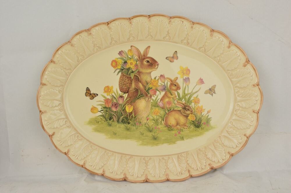 Cracker Barrel Easter Traditions 17" Oval Serving Platter Bunny Rabbit Retired